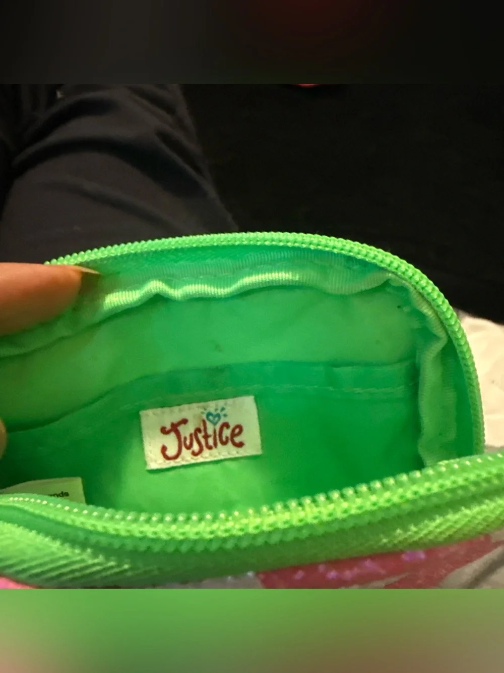 Justice Pink Glitter Polka Dot Wristlet purse with Green 'C' Accent